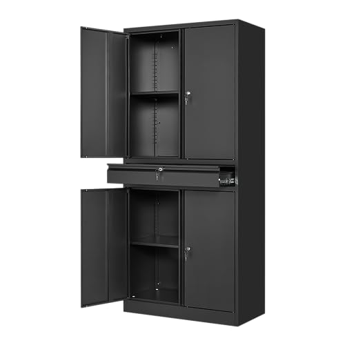 Yizosh Metal Garage Storage Cabinet with Locking Doors and Adjustable Shelves, 71" Tool Storage Cabinet with 1 Drawer for Garage,Warehouse (Black)