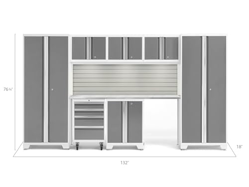 ‎‎‎‎NewAge Products Garage Cabinet Bold Series 8 PC Set White (2X 30 Locker, Rolling Tool Drawer, 2-Door Base, 3 Wall Cabinet, 72" Stainless Steel Worktop, Slatwall Backsplash, LED Lights), 54938