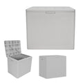 Suncast 22-Gal. Resin Small Outdoor Patio Deck Box with Reeded Design, Modern Outdoor Patio Bench/Storage Box for Cushions, Garden Tools, and More, French Gray