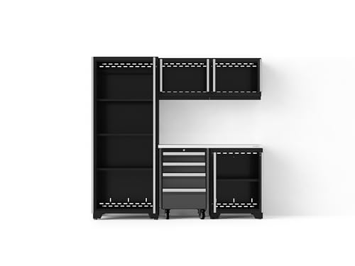 NewAge Products Bold XL Series Gray 6 Piece Garage Cabinets Set with Tool, Base, Wall Cabinets, Stainless Steel Worktop and 30 in. Locker, Heavy Duty Steel Garage Storage System, 64001