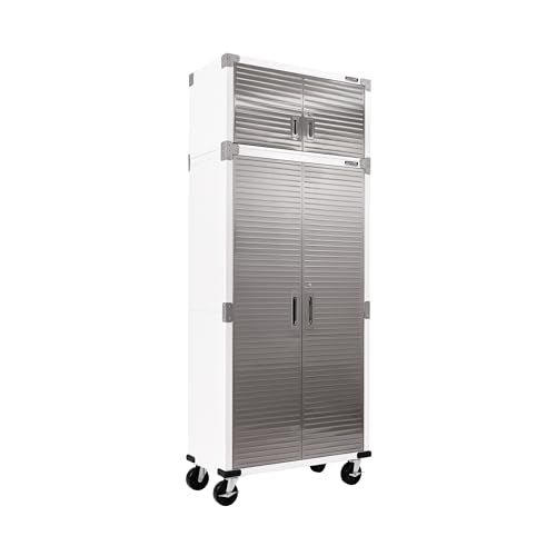 Seville Classics UltraHD 2-Piece Heavy Duty Mega Solid Steel Metal 2-Door Lockable Stacker Wall Storage, Cabinet Set Organizer for Garage, Office, Classroom, White, 36" W x 18" D x 90.5" H
