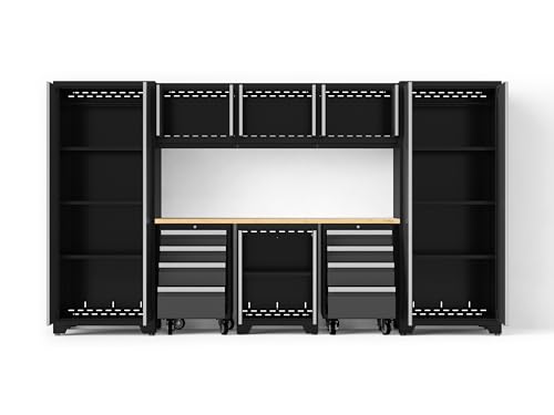 NewAge Products Bold XL Series Gray 9 Piece Garage Cabinets Set with Tool, Base, Wall Cabinets, Bamboo Worktop and 30 in. Lockers, Heavy Duty Steel Garage Storage System, 64008