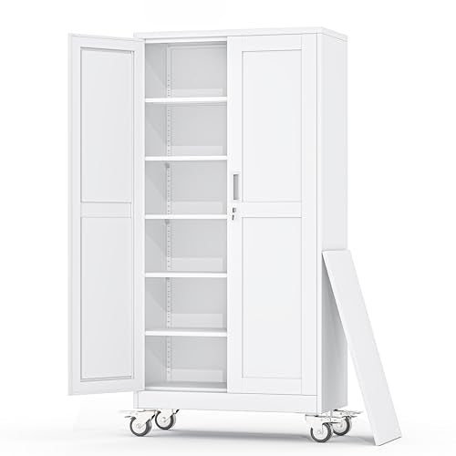 RISTERN Metal Garage Storage Cabinets and storage system, 74”Tall Rolling utility cabinet with Wheels, Lock, 5 Adjustable Shelves, Heavy Duty Steel Tool Locker for Home Office, Utility Room, Gym,White