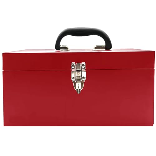 16" Portable Steel Heavy-duty Large Tool Box 18-Gauge Fishing Tackle Box Tool Box Drawer Organizer With Metal Latch and Handle Red