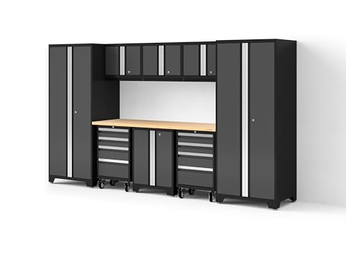 NewAge Products Bold XL Series Gray 9 Piece Garage Cabinets Set with Tool, Base, Wall Cabinets, Bamboo Worktop and 30 in. Lockers, Heavy Duty Steel Garage Storage System, 64008