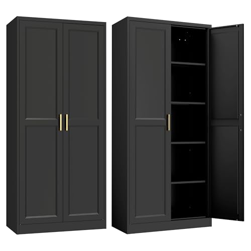 SteeLoong Kitchen Pantry Cabinet,71”Black Metal Pantry Storage Cabinet with Doors and 4 Adjustable Shelves,Kitchen Cabinet with 2 Gold Handles,Tall Cabinet for Livingroom,Pantry, Bathroom