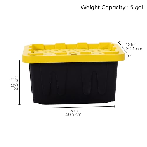 Plastic 5-Gallon Storage Tote with Lockable Lid, Stackable Tough Regular-Duty Bin for Garage, Tools, and Home Organization (4-Pack) - Black and Yellow