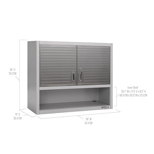 Seville Classics UltraHD Solid Steel Lockable Storage Wall Cabinet w/Adjustable Shelves for Garage, Warehouse, Office, Classroom, 36" W x 12" D x 30" H, Granite