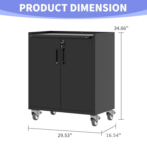 EKJ Metal Garage Storage Cabinet on Wheels, Lockable Rolling Tool Cabinet with Doors and Shelves, Heavy Duty Mobile Steel Cabinet for Garage Warehouse Workshop
