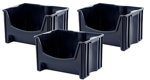 Mighty Tuff Jumbo Stackable Storage Bins, Pack of 3, Easy-Access Storage, Large Easy-to-Grip Handles, Wide Front Opening, Interlocking, Stack Vertically, Black