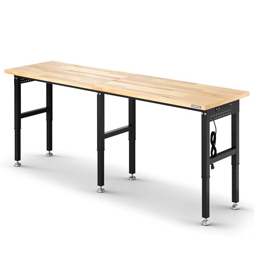WORKPRO 96x24" Heavy-Duty Adjustable Workbench, 4000LBS Load Capacity Work Table with Power Outlet & Pegboard, Rubber Wood Top Workstation with Leveling Foot for Garage, Workshop
