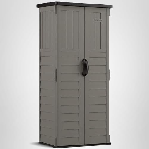 Suncast 22 Cubic Ft. Vertical Resin Outdoor Storage Shed with Lockable Double Doors, Weather-Resistant Multi-Wall Panels, Stoney