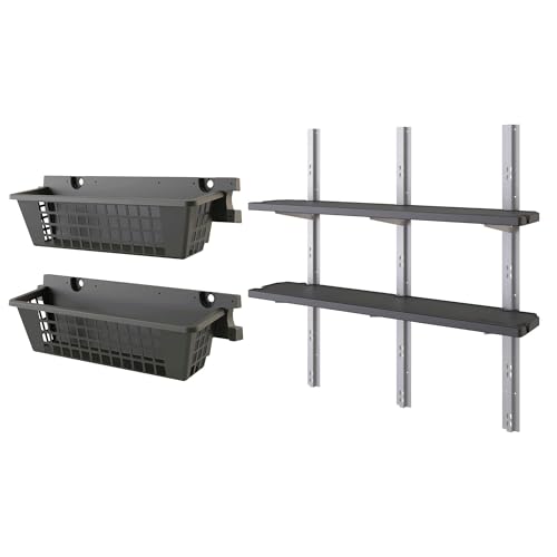Suncast 2 Pack 25” x 7.25” Basket Accessory for Outdoor Shed Bundled with Vertical Shed 2 Shelf Kit, Space Saving Wall Mount Storage, Black