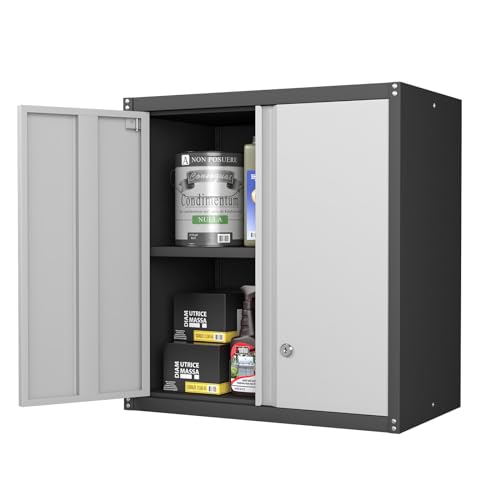 STEELIST Steel Wall Cabinet, Heavy Duty Hanging Garage Storage Cabinet with Adjustable Shelf & Locking Doors, Wall Mounted Metal Garage Cabinet for Workshop, Utility Room, Shed, Black/Grey