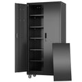 Aobabo Lockable Metal Garage Storage Cabinet with Wheels and Door Pegboard, 5 Adjustable Shelves for Tools, Workshop, Office and Home Utility Storage, Black, 16" D x 32" W x 71" H,Required Assembly