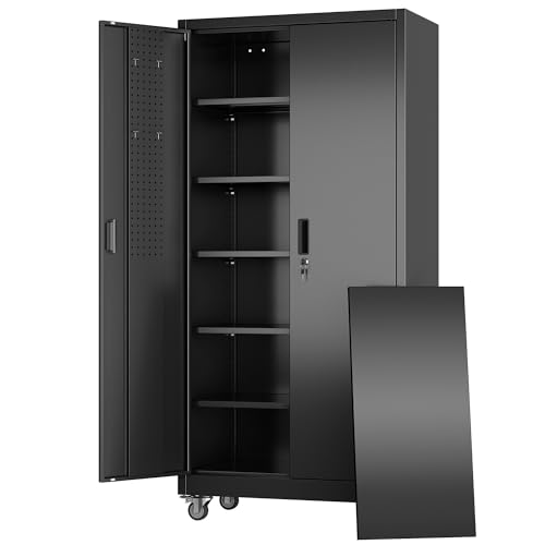 Aobabo Lockable Metal Garage Storage Cabinet with Wheels and Door Pegboard, 5 Adjustable Shelves for Tools, Workshop, Office and Home Utility Storage, Black, 16" D x 32" W x 71" H,Required Assembly