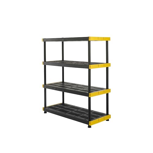 CX Black & Yellow, 4-Tier Heavy Duty Plastic Storage Shelves that Support up to 200lbs/shelf, Organization and Storage, Weather-Resistant Design, Easy Assembly (55"H x 48"W x 20"D)