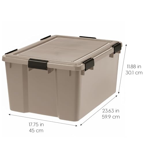 IRIS USA 4-Pack WeatherPro Gasket Box, 63 Quart Weather Resistant Storage Bins with Latching Lids, Heavy Duty Organizing Containers for Closet, Bathroom, and Office - Tan
