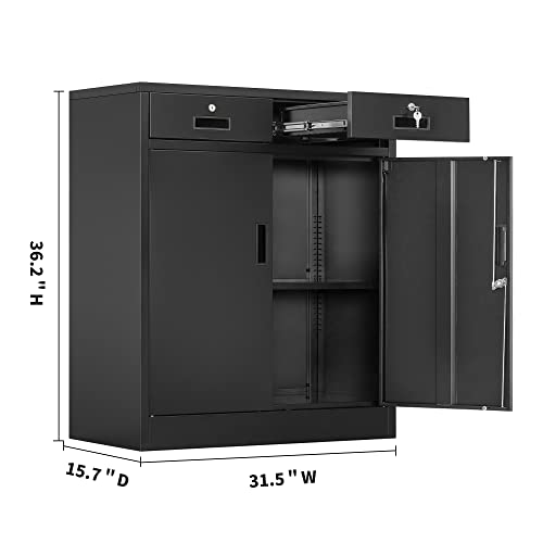 Wanfu Metal Storage Cabinet, 36" H Locking Storage Cabinet with 2 Drawers and Adjustable Shelf, Metal Cabinets for Office, Garage, Home-Black
