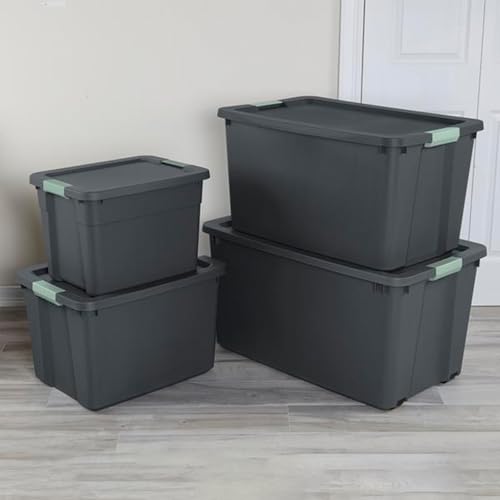 Sterilite 12 Pack 20 Gallon Latch Tote, Stackable Plastic Storage Bin Container, Gray/Green