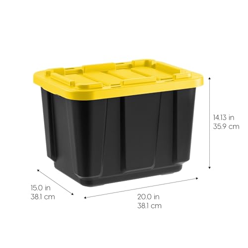 IRIS USA 4-Pack 12 Gallon Storage Bins with Lids |Made in USA| Heavy Duty Plastic Tote Containers for Truckbed Tool Box Organization, Large - Black/Yellow