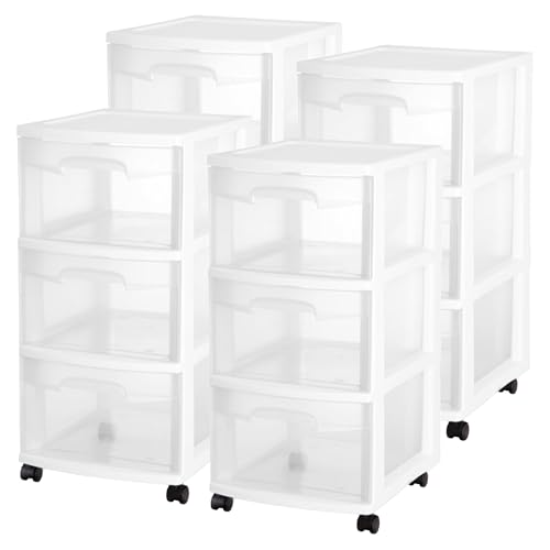 Sterilite 4 Pack Plastic Storage Organizer, 3 Drawer Rolling Bin Cart, Closet Organization, White
