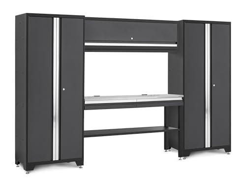 NewAge Products Bold Series Gray 5 Piece Set with 30 in Locker, 60 in Wall Cabinet, 60 in RTA Workbench and Stainless Steel Worktop, 24-Gauge Heavy Duty Steel Garage Storage Cabinets, 73513