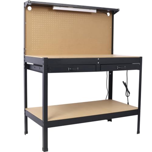 Heavy-Duty Steel Workbench with LED Light, 59'' Tool Storage Bench with Power Outlets & USB Ports, 200 lbs Capacity, Workbench with Pegboard & 2 Drawers for Garage or Workshop