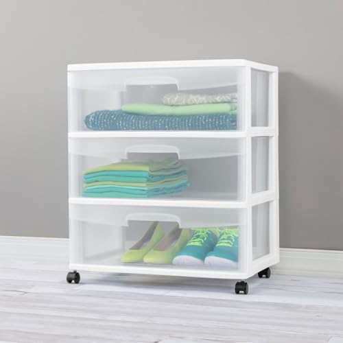 Sterilite Wide 3 Drawer Storage Cart, Plastic Rolling Cart with Wheels to Organize Clothes in Bedroom, Closet, White with Clear Drawers, 3-Pack