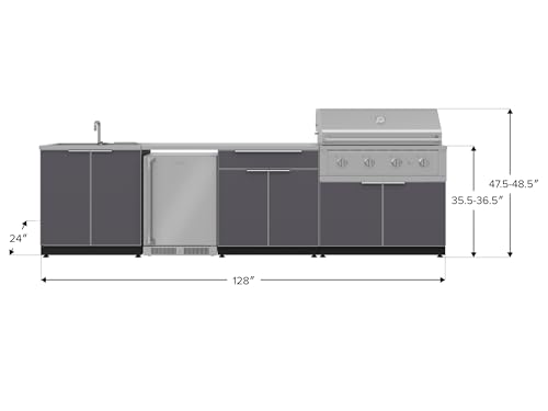 NewAge Products Outdoor Kitchen Island Aluminum Slate Gray 6 Piece Cabinet Set with Fridge, Liquid Propane 40" Performance Grill, Backyard Outdoor Grilling Set, 4-Burner BBQ 48000 BTU Gas Grill, 66312