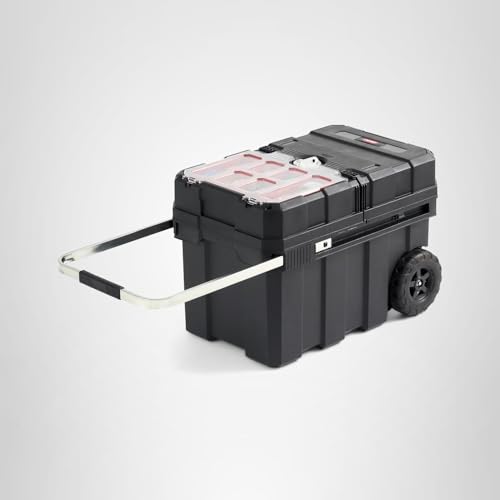 Keter Masterloader Resin Rolling Tool Box with Locking System and Removable Bins – Perfect Organization and Storage Chest for Power Drill, Tape Measure, and Screwdriver Set, Black