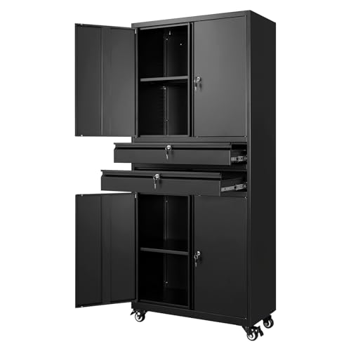 Yizosh Metal Garage Storage Cabinet with Locking Doors and Adjustable Shelves, 74" Rolling Tool Storage Cabinet with 4 Wheels and 2 Drawer for Garage,Warehouse