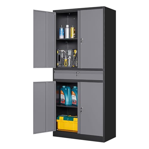 Yizosh Metal Garage Storage Cabinet with Locking Doors and Adjustable Shelves, 71" Steel Tool Storage Cabinet with 1 Drawer for Garage,Office,Warehouse (Gray Black)