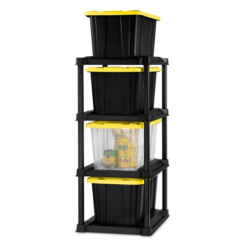 Sterilite 4 Tier Tote Rack, Vertical Plastic Storage Organizer Unit, Black - Standing Shelves for Industrial Utility Tote Organizers in Garages, Workshops, Laundry Rooms, and Basements