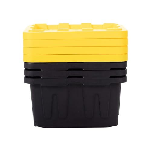 Plastic 5-Gallon Storage Tote with Lockable Lid, Stackable Tough Regular-Duty Bin for Garage, Tools, and Home Organization (4-Pack) - Black and Yellow