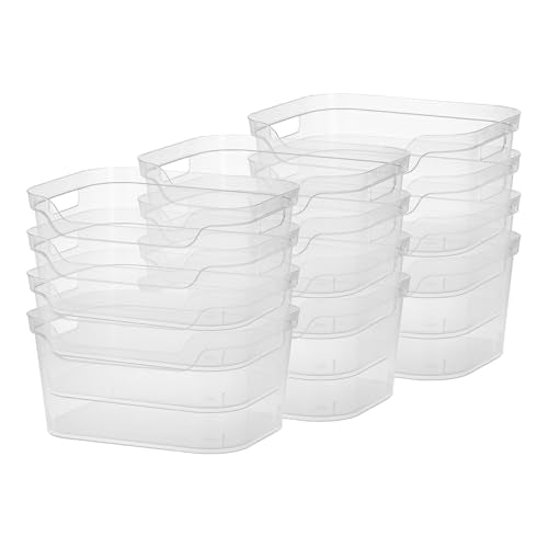 Sterilite 7 x 11 x 14.25 Inch Polished Open Scoop Front Storage Bin with Comfortable Carry Through Handles for Household Organization, Clear (12 Pack)