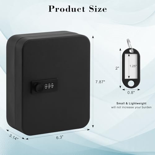 KYODOLED 20 Key Storage Lock Box with Code, Key Cabinet Organizer Wall Mount with Combination Lock, Hooks & Labels for Home, Office & Rental Properties, 7.87 x 6.3 x 3.14 in, Black