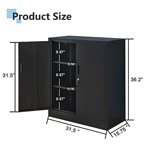 Wanfu Metal Storage Cabinet, 36" H Locking Storage Cabinet with 2 Adjustable Shelves, Metal Cabinets for Garage, Home, Office, Utility Room-Black