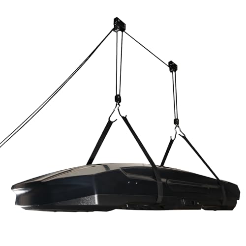 2026 Upgrade Cargo Box Garage Pulley System, Heavy-Duty Aluminum Ceiling Hoist, 125 lbs Capacity Overhead Storage Lift for Cargo Box, Kayak, Ladder, Bike, Black, Fits 10-18ft Ceilings