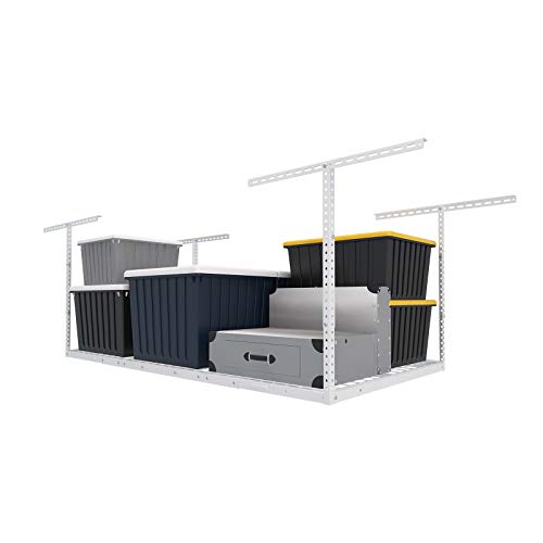 FLEXIMOUNTS 3x6 Overhead Garage Storage Adjustable Ceiling Storage Rack with 4-Pack Add-On Storage Flat Hook Accessory, 72" Length x 36" Width x 40" Height Storage Rack, White