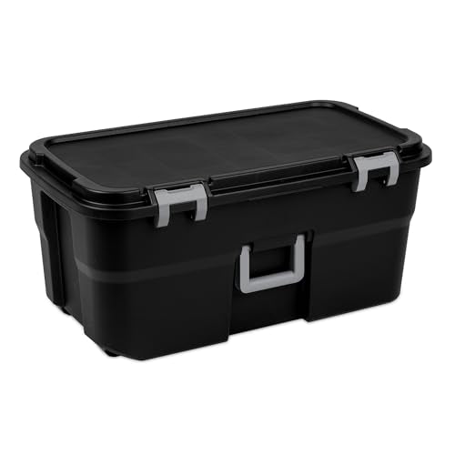 Sterilite 3 Pack Wheeled Footlocker, 22 Gallon Plastic Storage Container with Latching Lid and Handles, Black - Large Stackable Bin Home Organizer