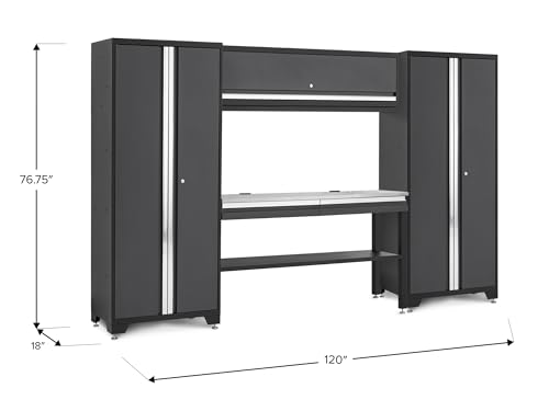 NewAge Products Bold Series Gray 5 Piece Set with 30 in Locker, 60 in Wall Cabinet, 60 in RTA Workbench and Stainless Steel Worktop, 24-Gauge Heavy Duty Steel Garage Storage Cabinets, 73513
