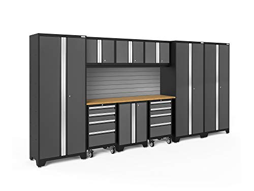 ‎‎‎NewAge Products Garage Cabinets Bold Series Gray 10 PC Set (72" Bamboo Worktops, Backsplash Kits, 2 Rolling Tool Drawer, Two-Door Base, 3 Wall Cabinets, 3 Multi-Use Lockers), 56029
