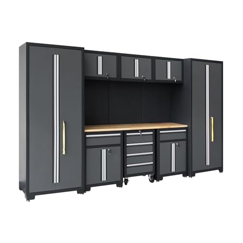 HPDMC Garage Storage Cabinet System 9-Pcs Workshop Set Garage Cabinets and Storage System with Steel Cabinet Drawers, Rolling Chest, Workbench, Pegboard for Garage Tool Organization, Black