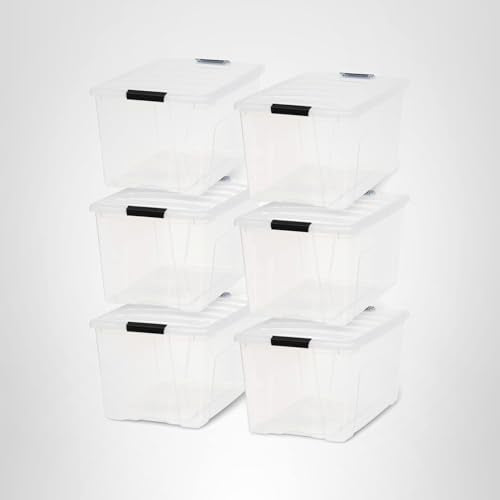 IRIS USA 72 Qt Stackable Plastic Storage Bins with Lids, 6 Pack - BPA-Free, Made in USA - See-Through Organizing Solution, Latches, Durable Nestable Containers, Secure Pull Handle - Clear