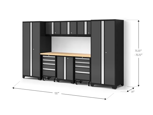 NewAge Products Bold XL Series Gray 9 Piece Garage Cabinets Set with Tool, Base, Wall Cabinets, Bamboo Worktop and 30 in. Lockers, Heavy Duty Steel Garage Storage System, 64008