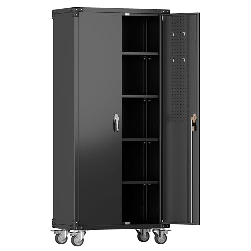 72-Inch H Black Metal Garage Storage Cabinet with Wheels & Pegboard, Locking 2-Door Rolling Storage Cabinet with 4 Adjustable Shelves for Garage, Workshop & Home Office