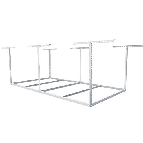 FLEXIMOUNTS 4x8 Overhead Garage Storage Rack without Decking,plus 2-Pack Add-On Storage Utility Hook Accessory,600lbs Weight Capacity, White