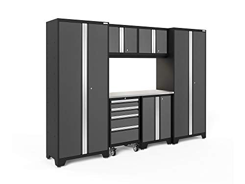‎‎‎‎‎NewAge Products Garage Cabinets Bold Series 7 PC Set Gray (48" Stainless Steel Worktop, Two-Door Base, Rolling Tool Drawer, 2X Wall Cabinets, 2X Multi-Use Lockers), 50442