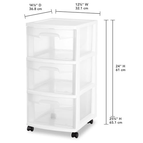 Sterilite 4 Pack Plastic Storage Organizer, 3 Drawer Rolling Bin Cart, Closet Organization, White